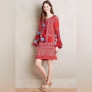 ANTHROPOLOGIE VANESSA VIRGINIA Belled Silk Peasant Dress Size 4